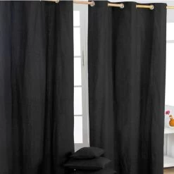 Cotton Plain Black Ready Made Eyelet Curtain Pair