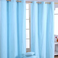 Cotton Plain Blue Ready Made Eyelet Curtain Pair