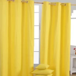 Cotton Plain Yellow Ready Made Eyelet Curtain Pair